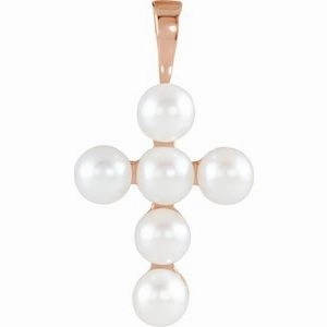 14K White Cultured White Freshwater Pearl Cross Pendant