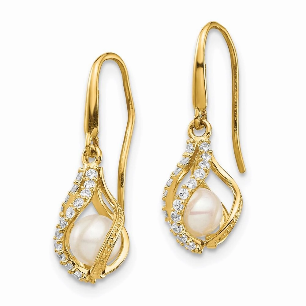 14k White Freshwater Cultured Pearl CZ Cage Dangle Earrings