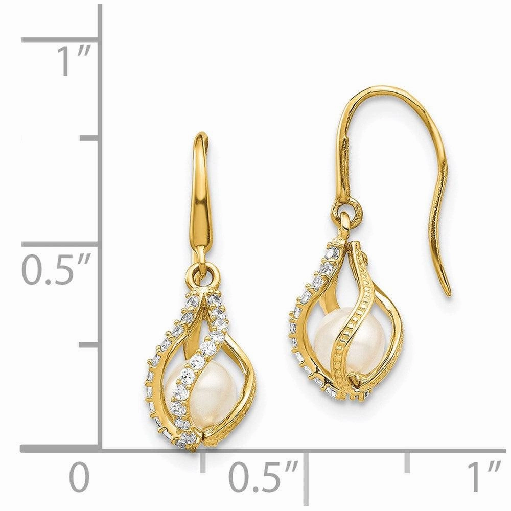 14k White Freshwater Cultured Pearl CZ Cage Dangle Earrings