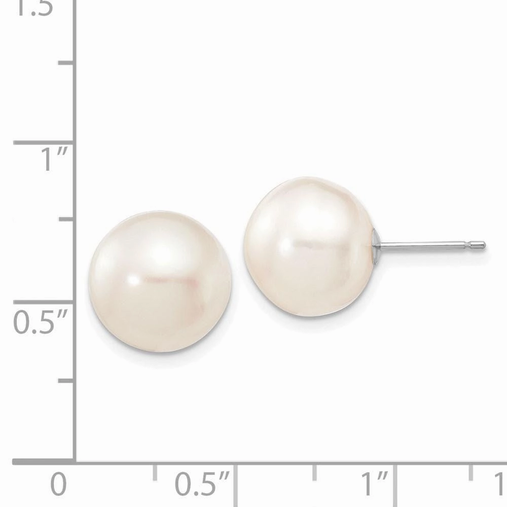 14k White Gold 11-12mm White Button FW Cultured Pearl Stud Post Earrings