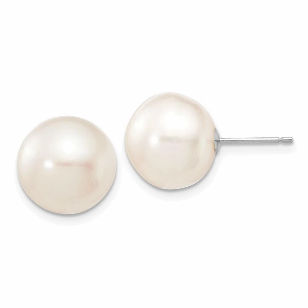 14k White Gold 11-12mm White Button FW Cultured Pearl Stud Post Earrings