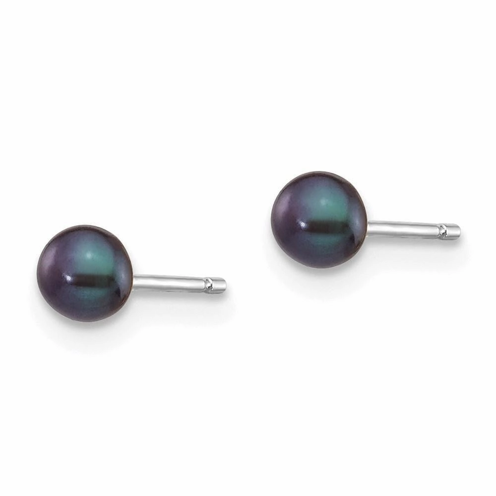 14k White Gold 3-4mm Black Button FW Cultured Pearl Stud Post Earrings