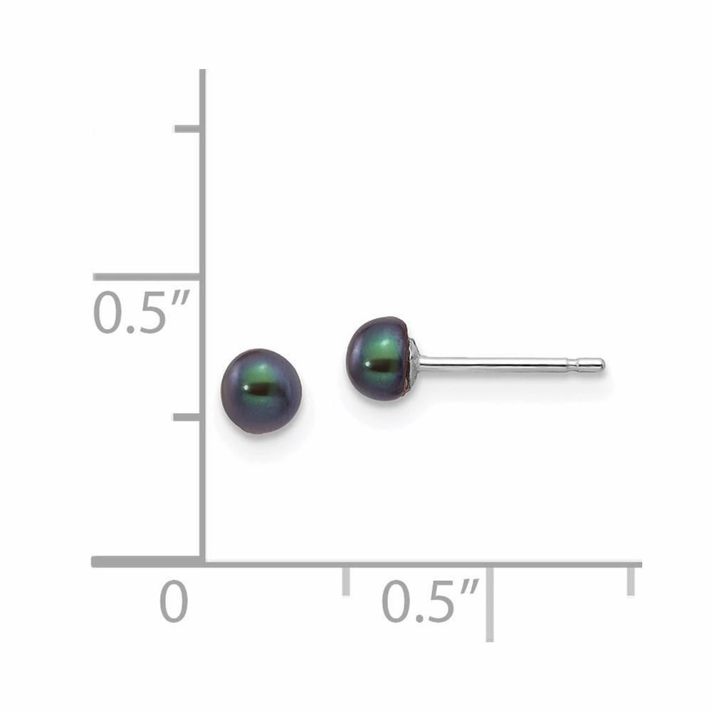 14k White Gold 3-4mm Black Button FW Cultured Pearl Stud Post Earrings