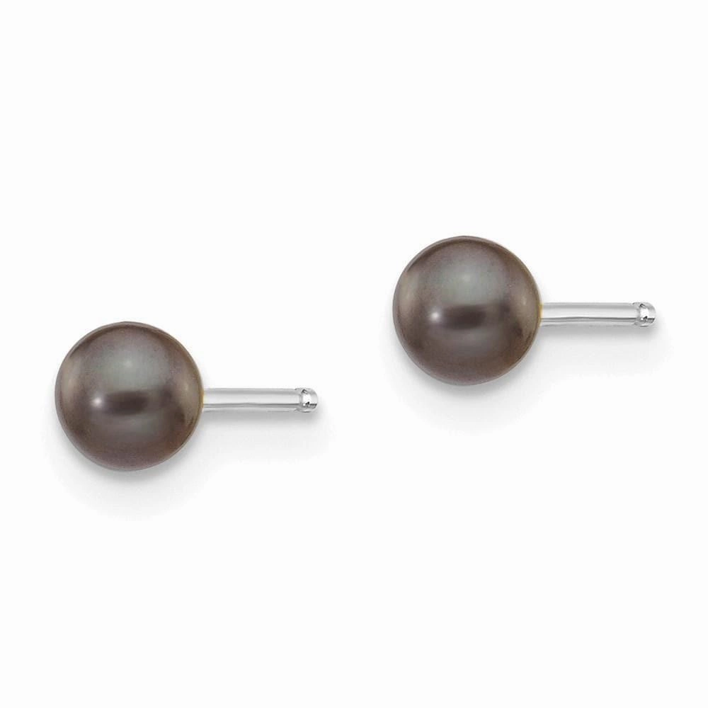 14k White Gold 3-4mm Black Round FW Cultured Pearl Stud Post Earrings