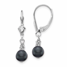 14K White Gold 5-6mm Black Semi-round FWC Pearl Leverback Earrings