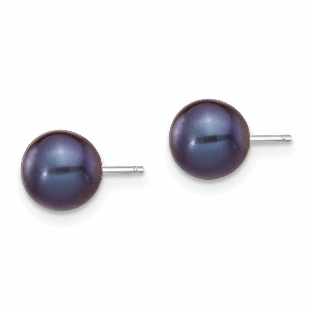14k White Gold 6-7mm Black Round FW Cultured Pearl Stud Post Earrings