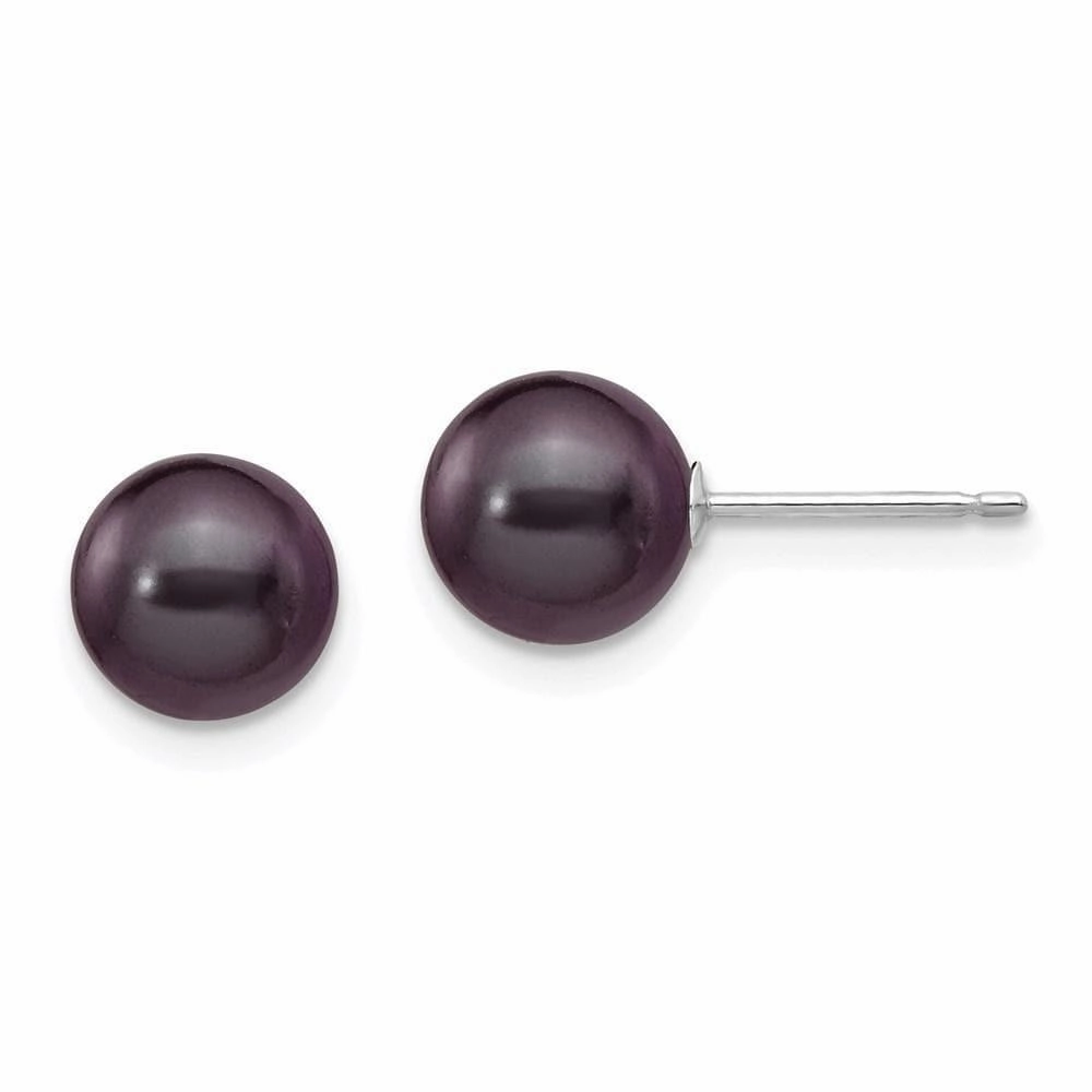14k White Gold 7-8mm Black Round FW Cultured Pearl Stud Post Earrings