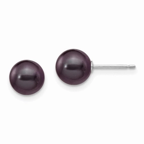14k White Gold 7-8mm Black Round FW Cultured Pearl Stud Post Earrings