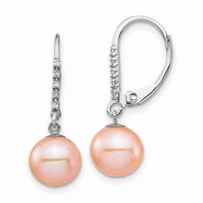 14k White Gold 8-9mm Pink FWC Pearl .05ct Diamond Leverback Earrings