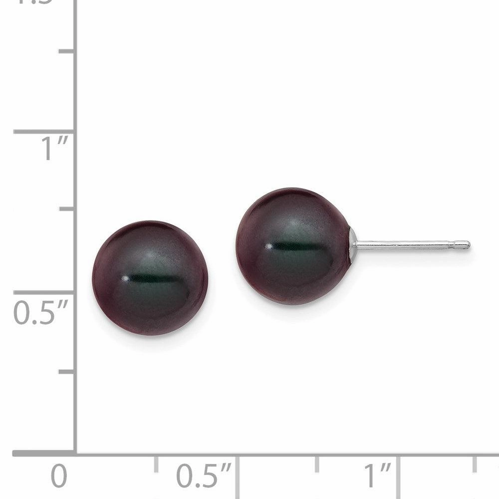 14k White Gold 9-10mm Black Round FW Cultured Pearl Stud Post Earrings