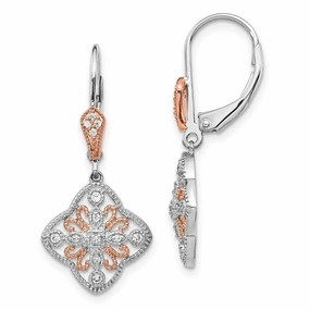 14K White Gold w/Rose Rhodium Diamond Leverback Earrings