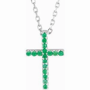 14K White Natural Emerald Petite Cross 16" Necklace