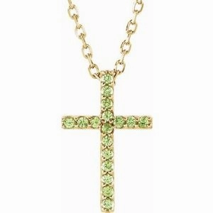14K White Natural Peridot Petite Cross 16" Necklace