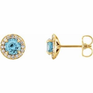 14K Yellow 3.5 mm Natural Blue Zircon & 1/8 CTW Natural Diamond Earrings