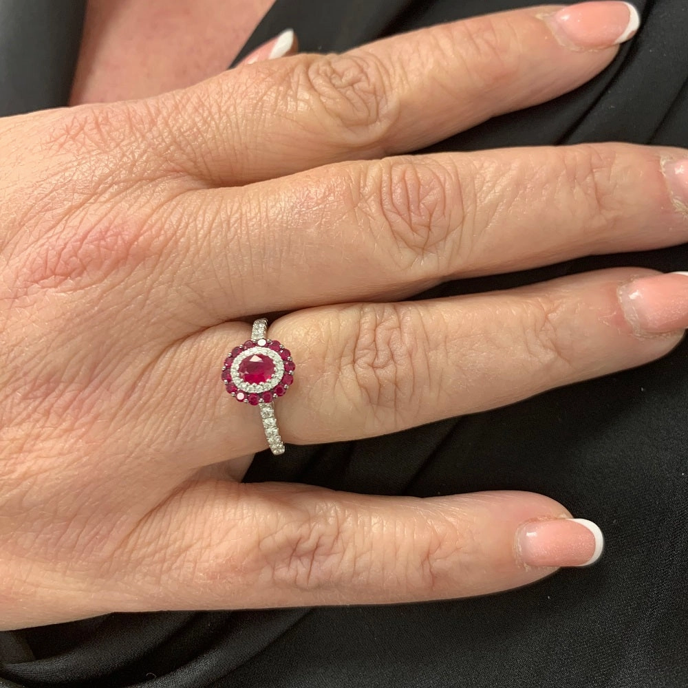 18ct White Gold Ruby and Diamond Multi Stone Cluster Ring