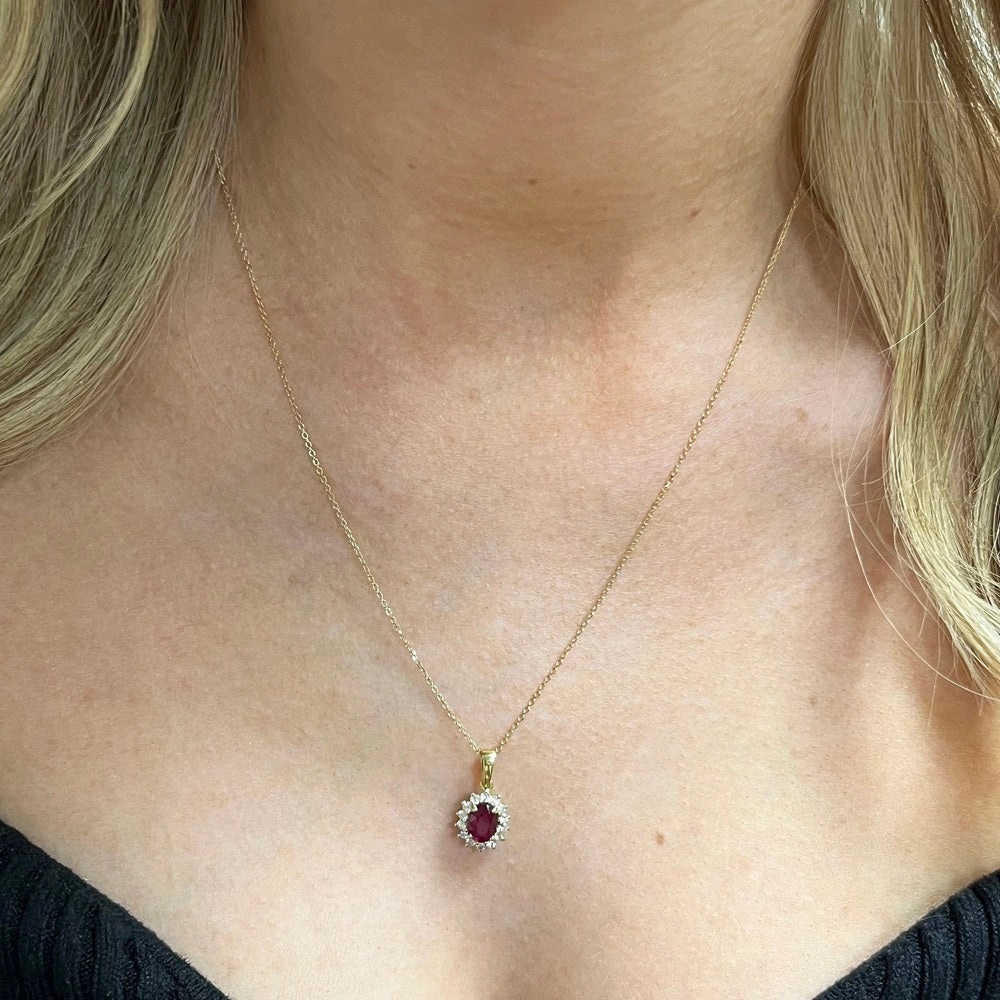 18ct Yellow Gold 1.27ct Ruby and 0.26ct Diamond Cluster Pendant and Chain