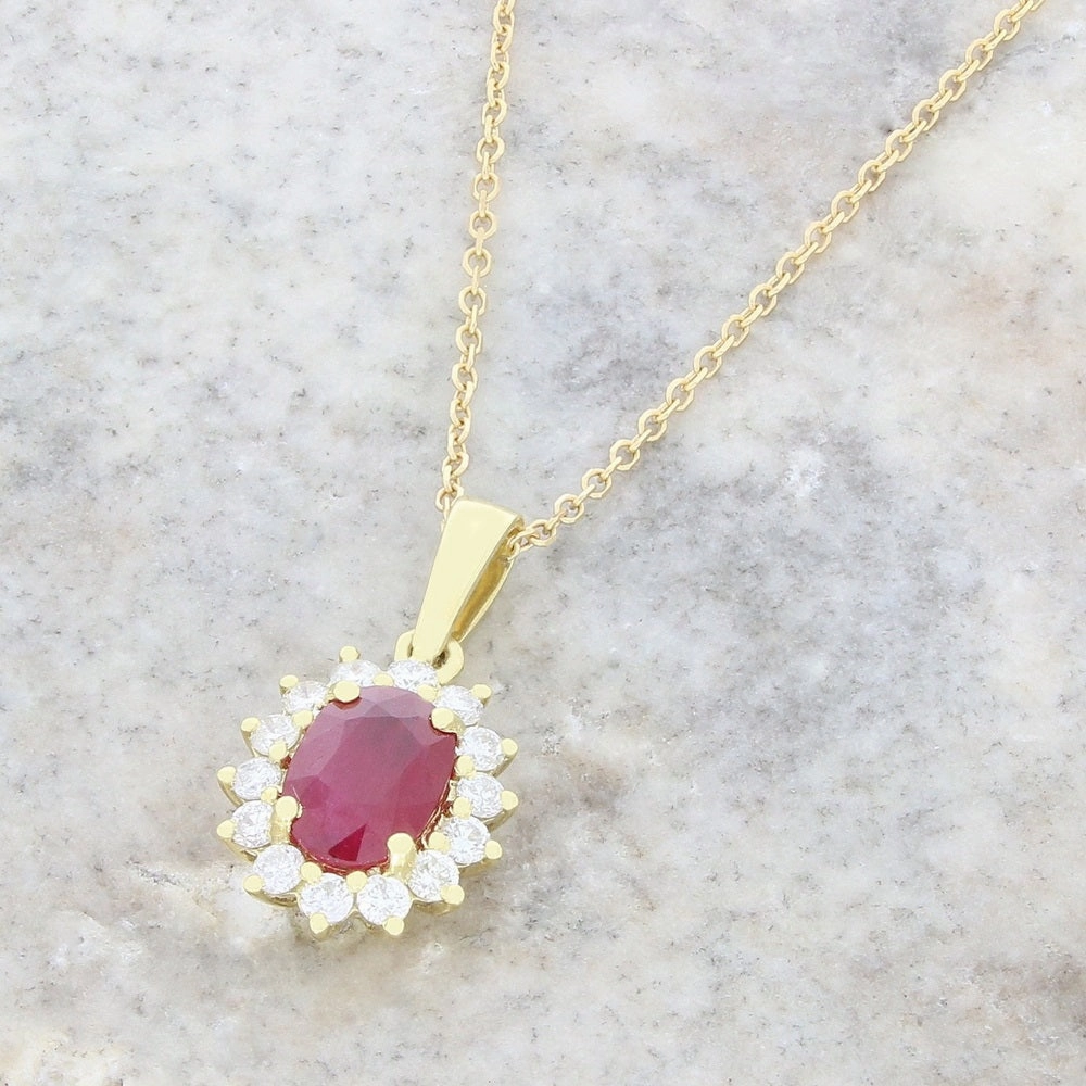 18ct Yellow Gold 1.27ct Ruby and 0.26ct Diamond Cluster Pendant and Chain