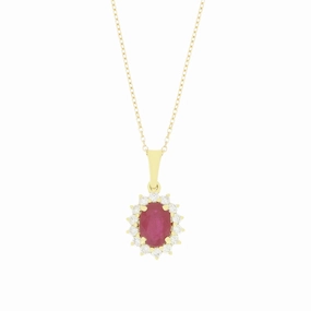 18ct Yellow Gold 1.27ct Ruby and 0.26ct Diamond Cluster Pendant and Chain