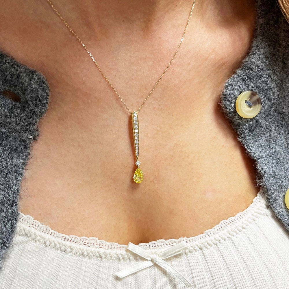 18ct Yellow Gold  Lab Grown Pear Shape Vivid Yellow Diamond Pendant With Chain