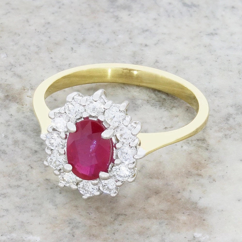 18ct Yellow Gold Oval 1.10ct Ruby and 0.55ct Diamond Cluster Ring