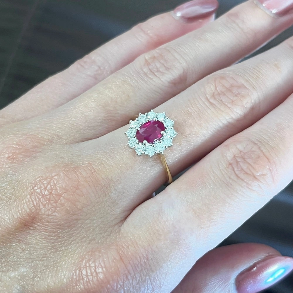 18ct Yellow Gold Oval 1.10ct Ruby and 0.55ct Diamond Cluster Ring
