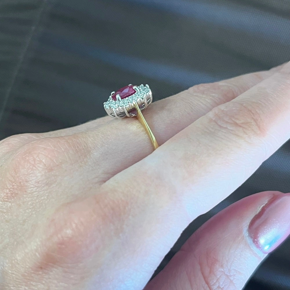 18ct Yellow Gold Oval 1.10ct Ruby and 0.55ct Diamond Cluster Ring
