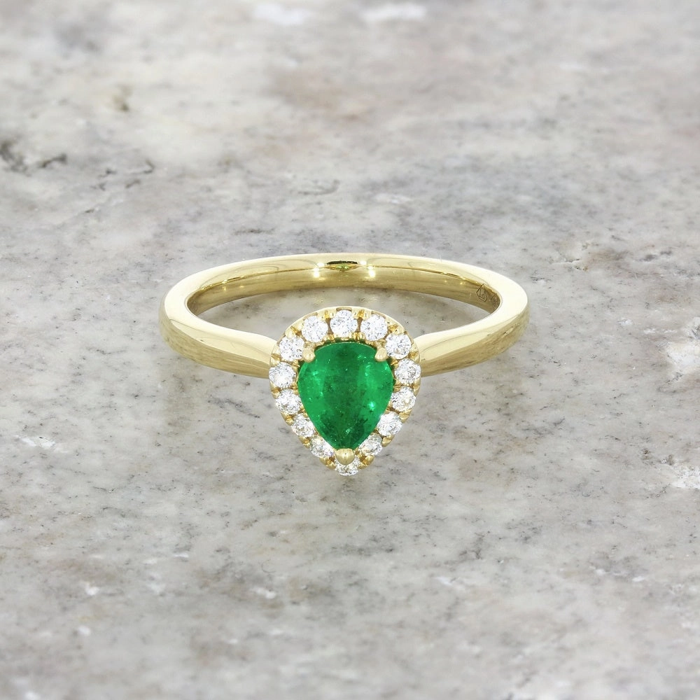 18ct Yellow Gold Pear Shape Emerald and Diamond Cluster Ring