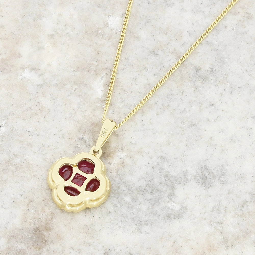 18ct Yellow Gold Ruby and Diamond Cluster Pendant and Chain