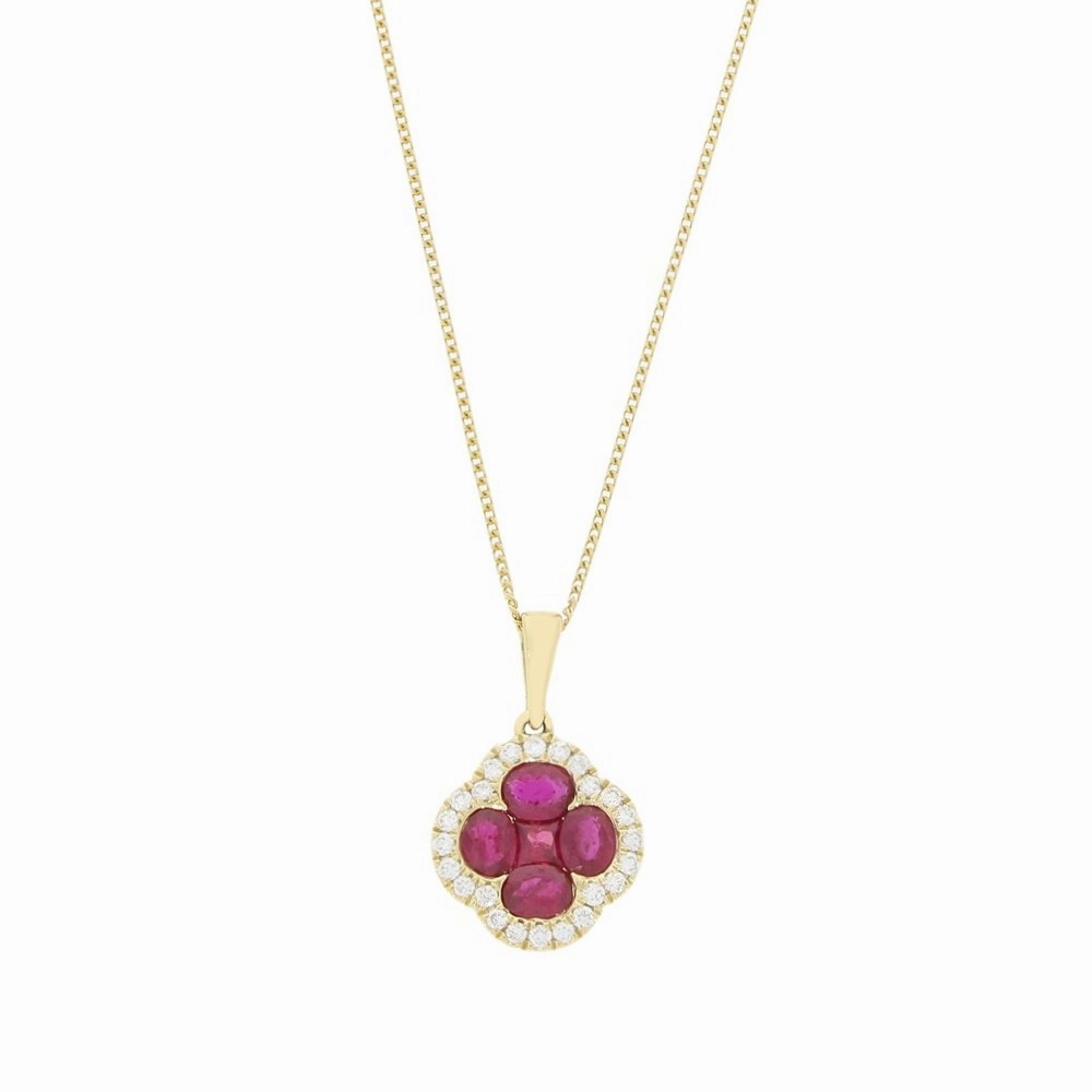 18ct Yellow Gold Ruby and Diamond Cluster Pendant and Chain