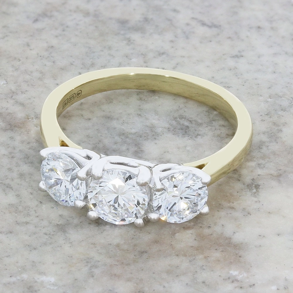 9ct Gold 1.95ct Brilliant Cut Lab Grown Diamond Three Stone Ring E VS 1