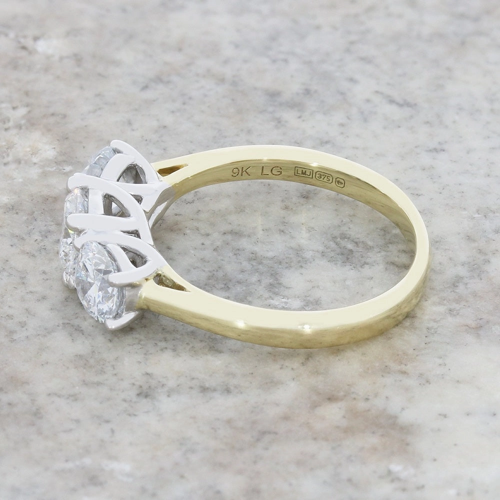 9ct Gold 1.95ct Brilliant Cut Lab Grown Diamond Three Stone Ring E VS 1