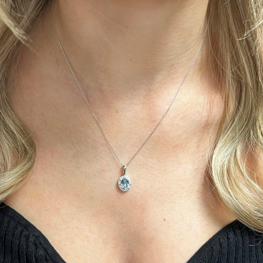 9ct White Gold 1.22ct Aquamarine and Diamond Set Pendant and Chain Necklace