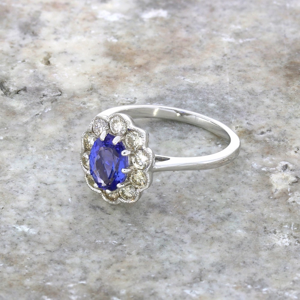9ct White Gold 1.29cts Tanzanite and 0.80cts Diamond Cluster Ring