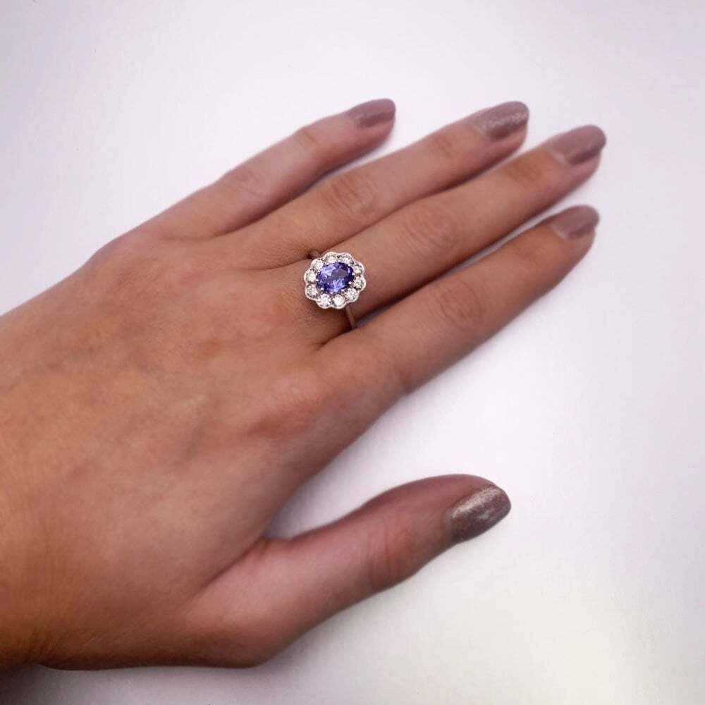 9ct White Gold 1.29cts Tanzanite and 0.80cts Diamond Cluster Ring