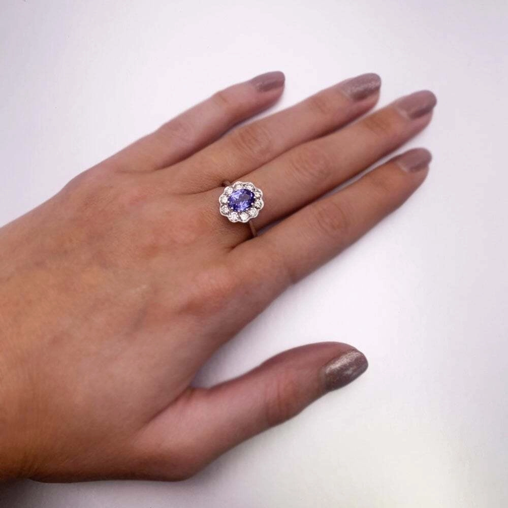9ct White Gold 1.29cts Tanzanite and 0.80cts Diamond Cluster Ring