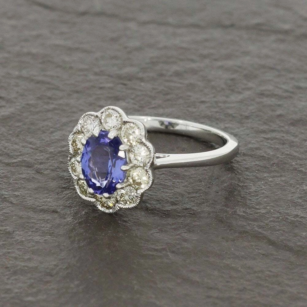 9ct White Gold 1.29cts Tanzanite and 0.80cts Diamond Cluster Ring