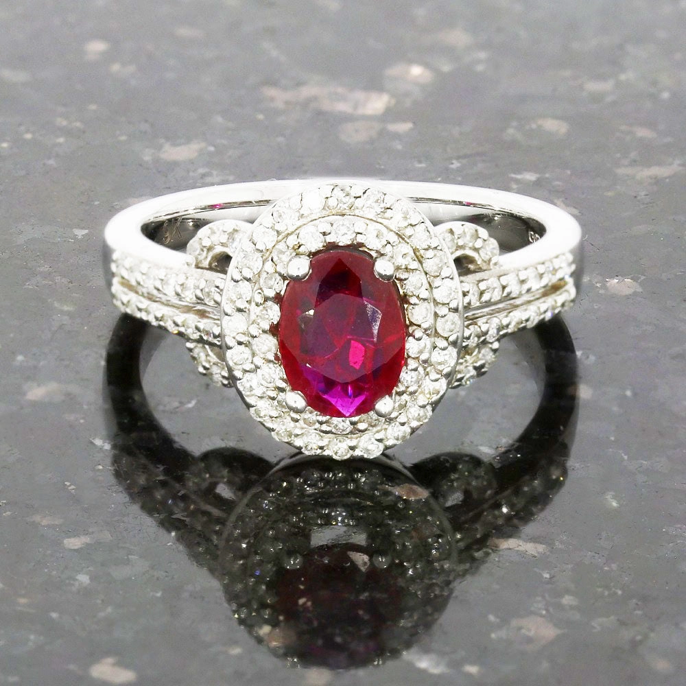 9ct White Gold Ruby and Diamond Cluster Ring