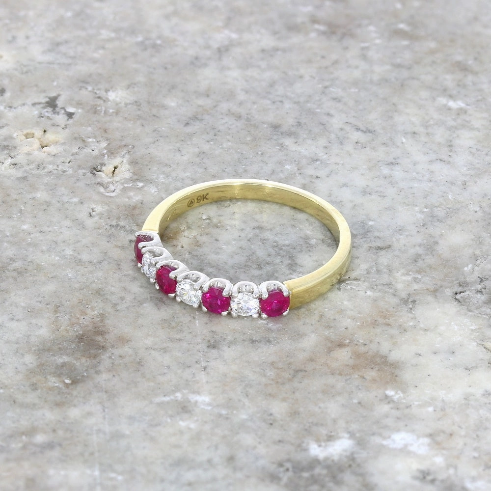 9ct Yellow Gold 0.21ct Diamond & Ruby Half Eternity Ring