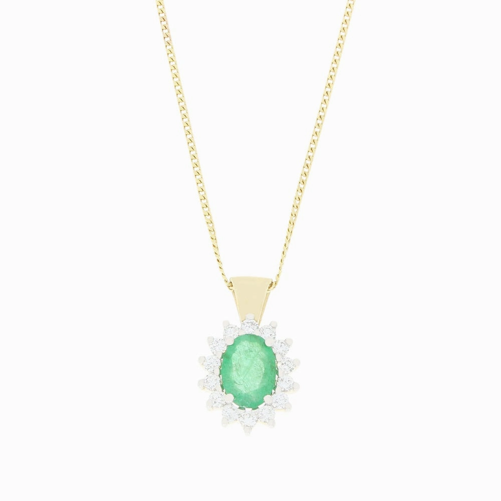 9ct Yellow Gold 0.57ct Emerald and 0.25ct Diamond Cluster Pendant and Chain