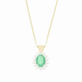 9ct Yellow Gold 0.57ct Emerald and 0.25ct Diamond Cluster Pendant and Chain