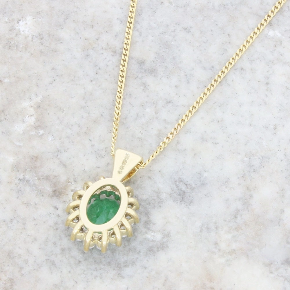 9ct Yellow Gold 0.57ct Emerald and 0.25ct Diamond Cluster Pendant and Chain
