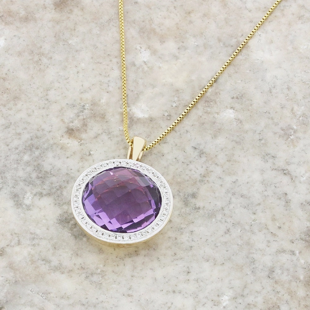 9ct Yellow Gold Amethyst and Diamond Pendant and Chain