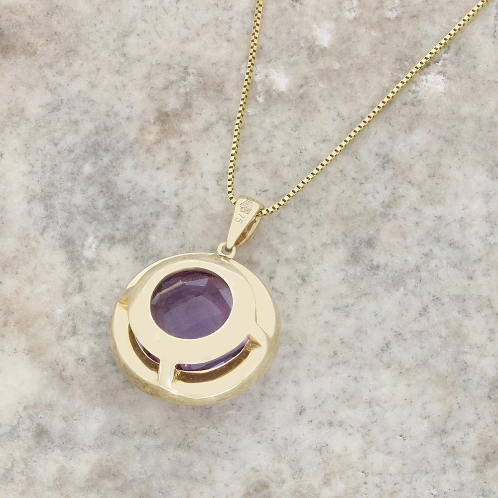 9ct Yellow Gold Amethyst and Diamond Pendant and Chain