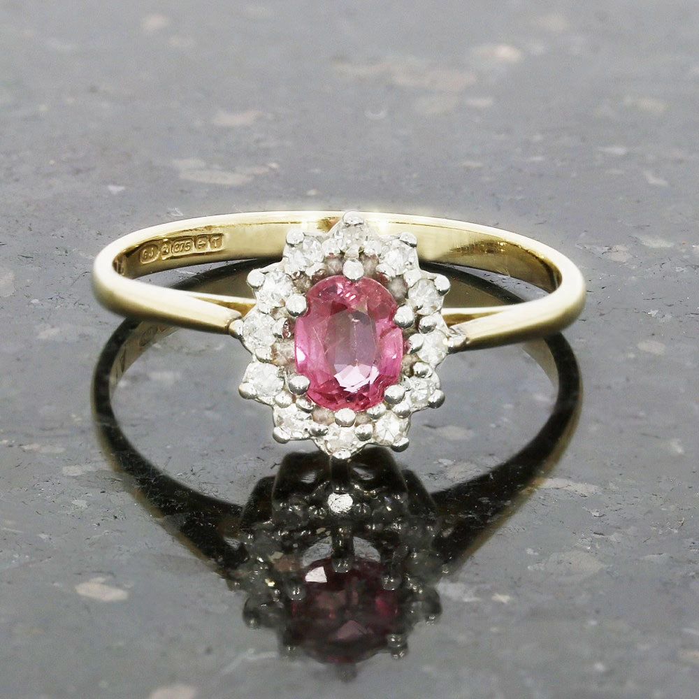 9ct Yellow Gold Pink Sapphire and Diamond Cluster Ring