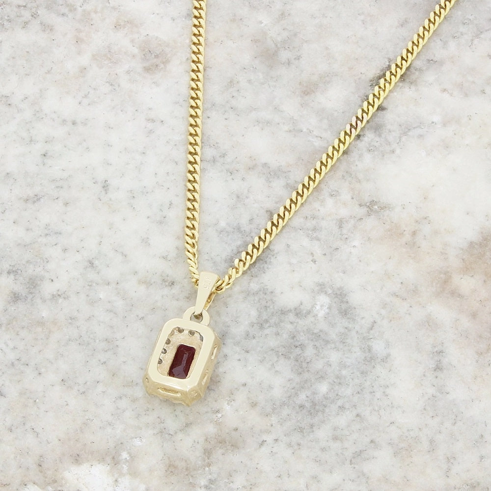 9ct Yellow Gold Ruby and Diamond Cluster Pendant and Chain