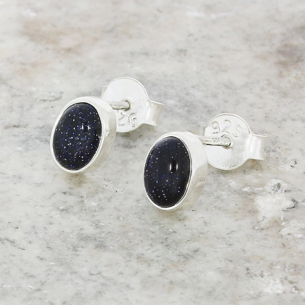 Blue Goldstone Sterling Silver Oval Stud Earrings