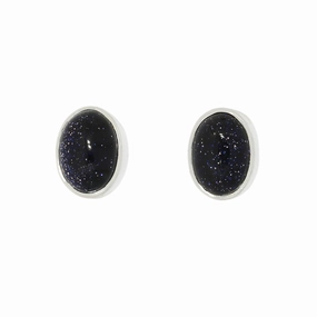 Blue Goldstone Sterling Silver Oval Stud Earrings