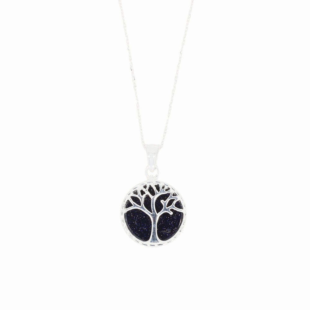 Blue Goldstone Sterling Silver Tree of Life Pendant & Chain