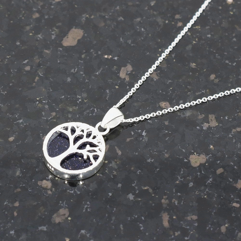 Blue Goldstone Sterling Silver Tree of Life Pendant & Chain