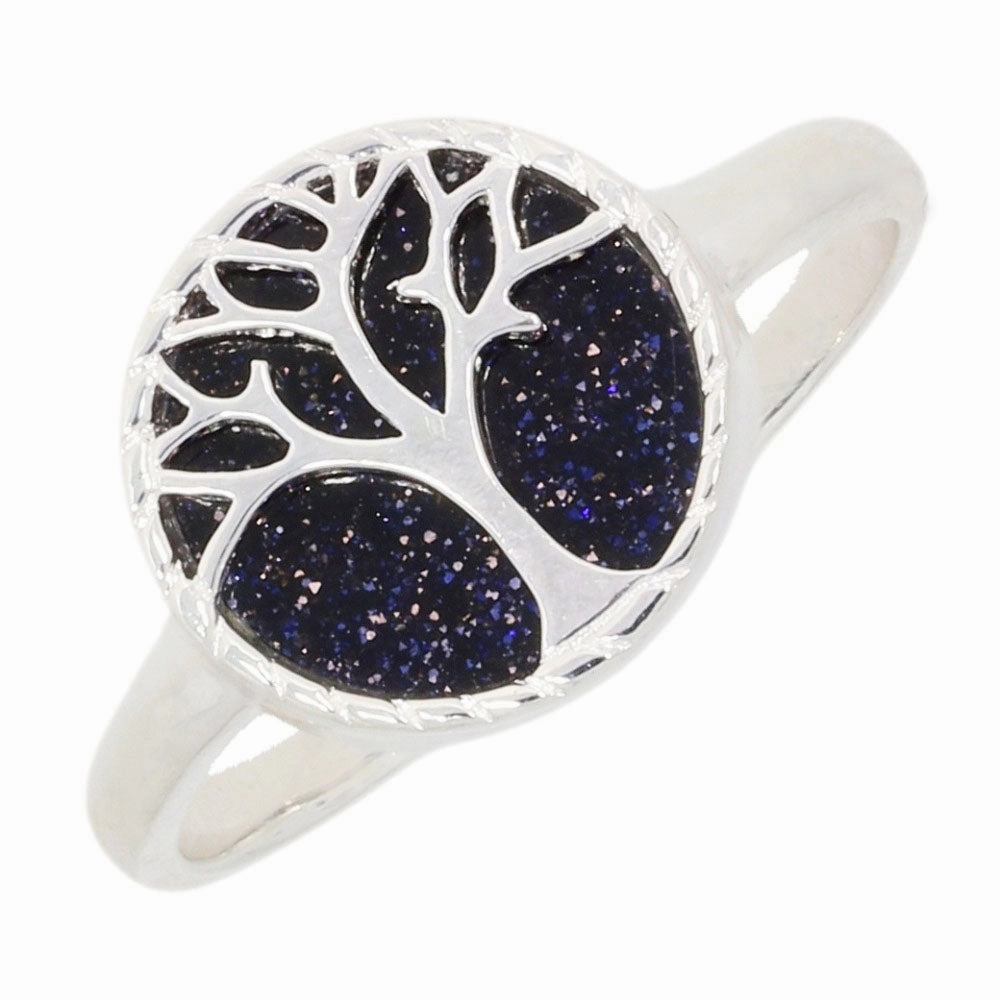 Blue Goldstone Sterling Silver Tree of Life Ring